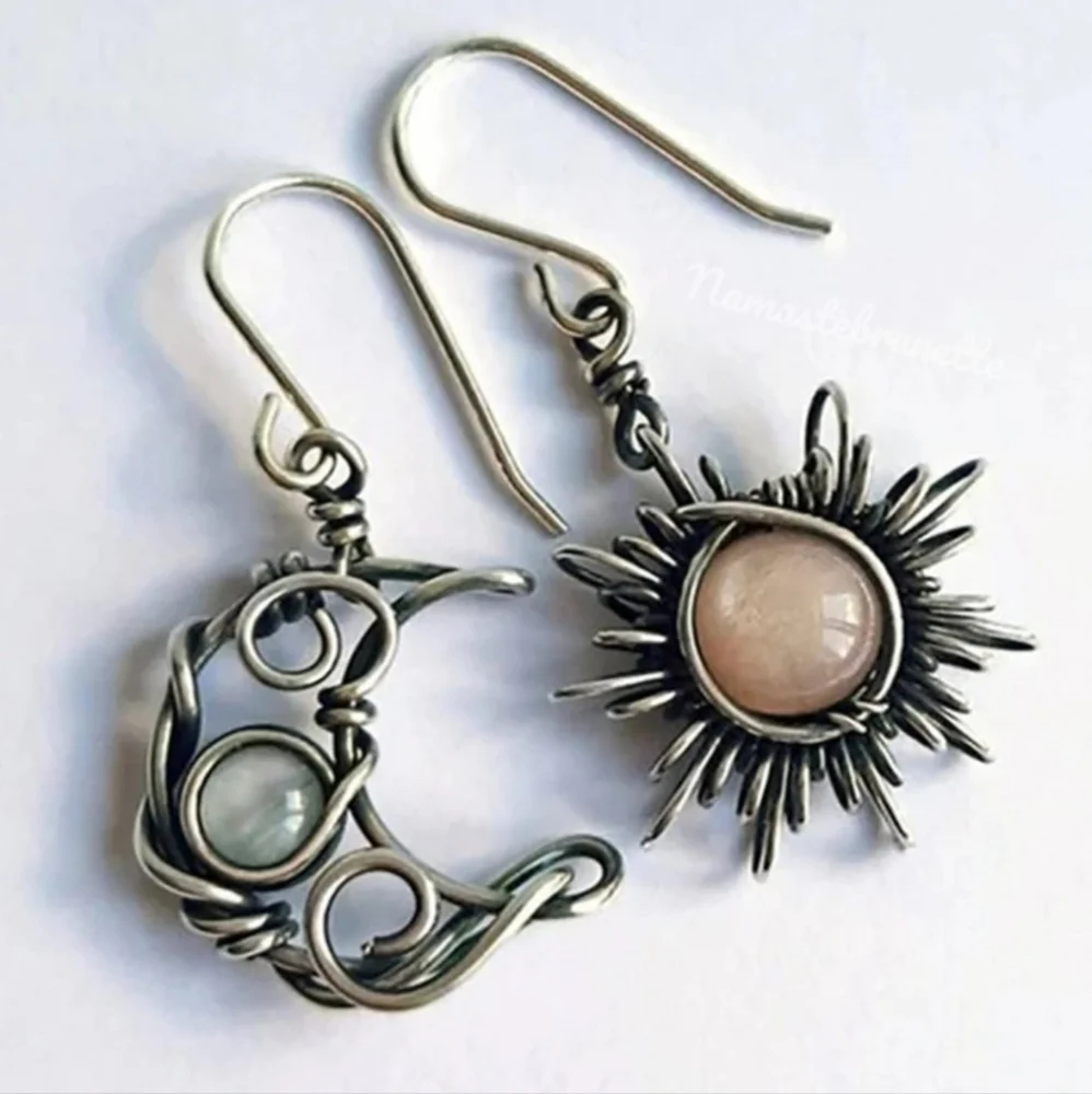 Sun & Moon Silver Wire Wrapped Stone Dangle Drop Earrings